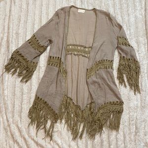 Hippy boho sweater crochet tan mid length sleeves size large